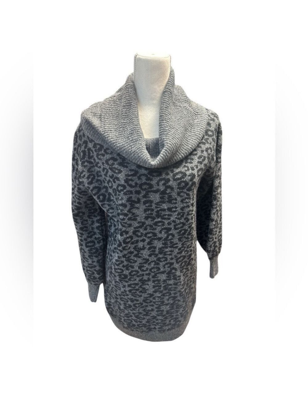 Anthropologie Emmy Cowl Neck Tunic Sweater Gray & black leopard Wool Blend Small - Picture 2 of 11